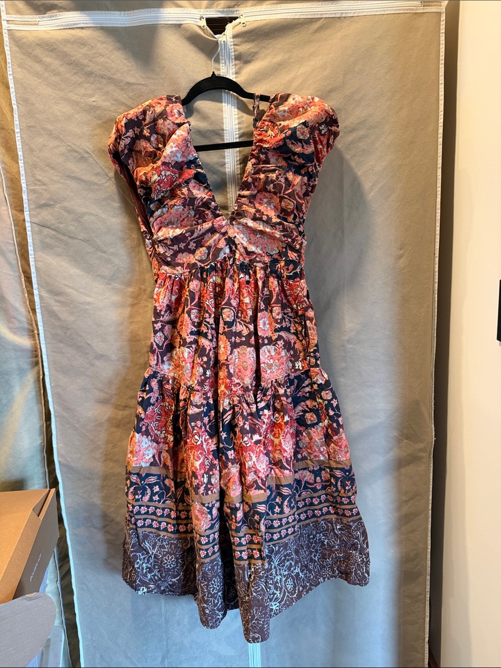 Anthropologie Navy Floral V-Neck Tiered Midi Dress with Coral Accents